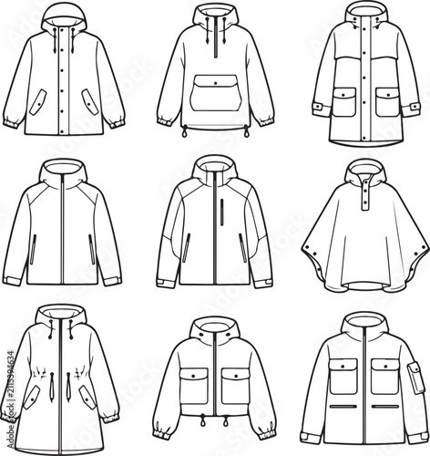 A collection of various hooded jacket and coat technical sketches are displayed in a grid.