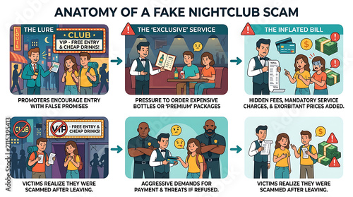 Anatomy of a Fake Nightclub Scam Explained with Illustrations.
