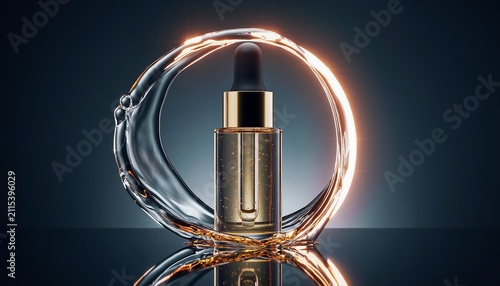 Luxury cosmetic serum bottle with golden cap and swirling water splash on dark reflective surface