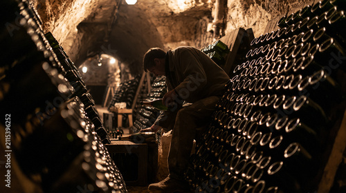 Wine cellar with vintage bottles and corked wine bottles for aging process in a cozy winery storage space