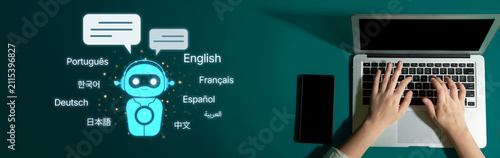 Fotografía Global communication with multiple languages, digital translation tools, multilingual technology, cross-cultural communication, and virtual language learning environments