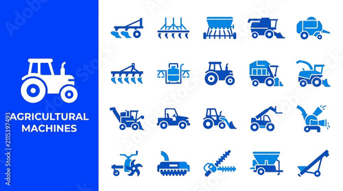 Cuadro en lienzo Agricultural machinery and farming equipment blue icon collection