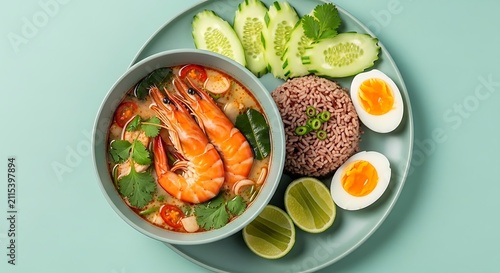 Thai shrimp tom yum soup with brown rice and egg cucumber traditional