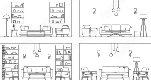 Modern Living Room Interior Line Illustration Collection with Furniture and Home Decor