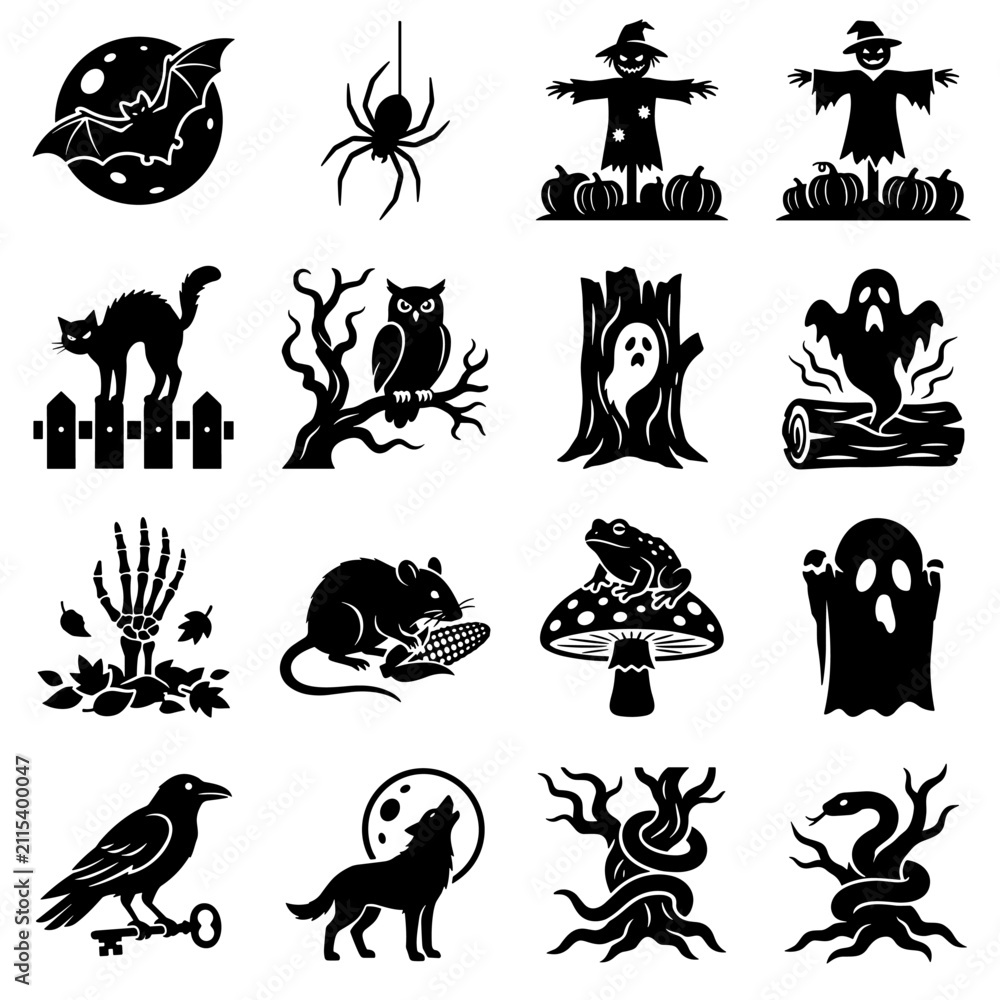 Fototapeta premium Set of Sixteen Silhouette Icons Featuring Spooky Halloween Creatures and Eerie Nature Elements for Seasonal Decor and Graphic Design