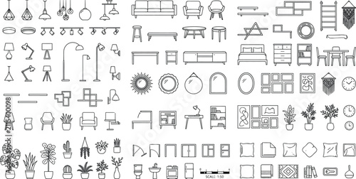 Cuadro en lienzo Interior Furniture CAD Blocks and Home Decor Line Icons Collection for Architect