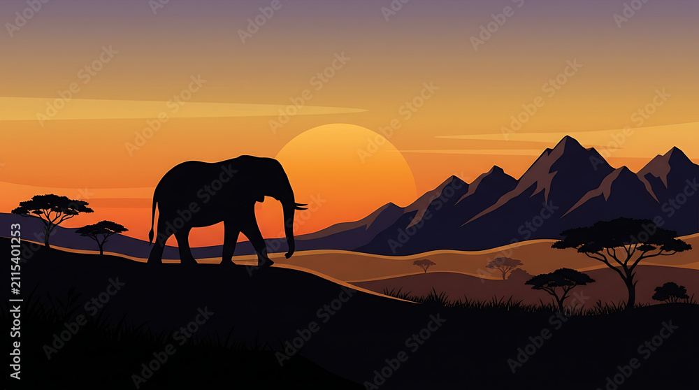 Obraz premium Sunset Minimalist African Safari Animal Silhouette with Mountain Landscape