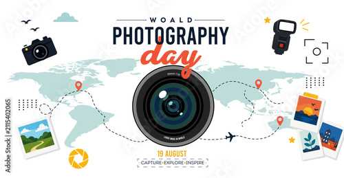 World Photography Day Banner with Camera Lens, Global Travel Map and Photography Equipment Vector Illustration