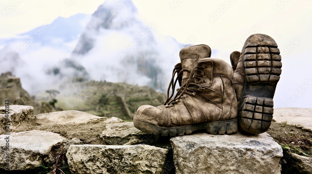 Fototapeta premium Worn hiking boots resting on a stone ledge with a misty mountain backdrop, ideal for outdoor adventure and travel themes.