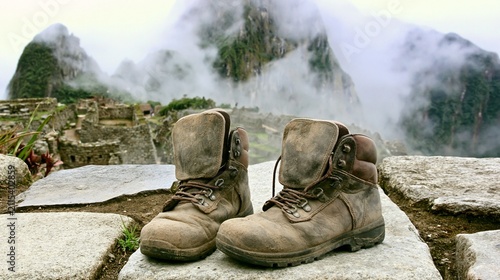 Worn hiking boots on stone pathway with misty mountains in the background, ideal for adventure and travel themes