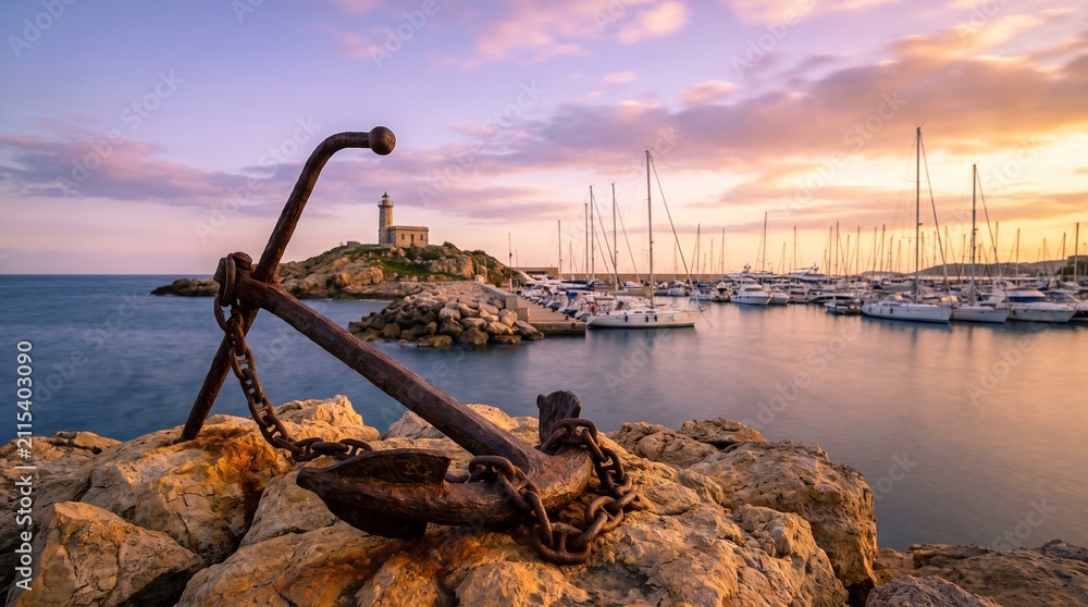 Obraz premium Antique nautical anchor resting on rocks with a scenic marina and lighthouse under a vibrant colorful sunset sky at dusk