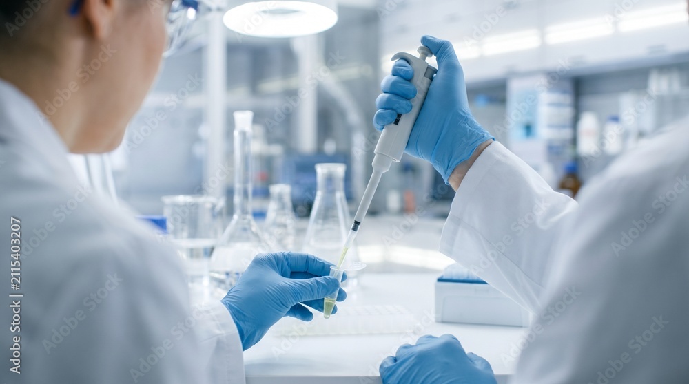 Fototapeta premium Scientists conducting research in modern laboratory using micro pipette for biological testing and medical analysis
