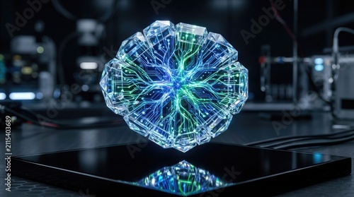 An advanced futuristic glowing quantum processor sphere featuring intricate blue and green neural network patterns resting on a reflective lab surface