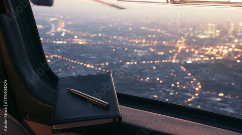 Aerial view from an airplane window showcasing a city skyline at dusk with a notebook and pen on the armrest