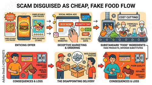 Scam disguised as cheap fake food flow illustration.