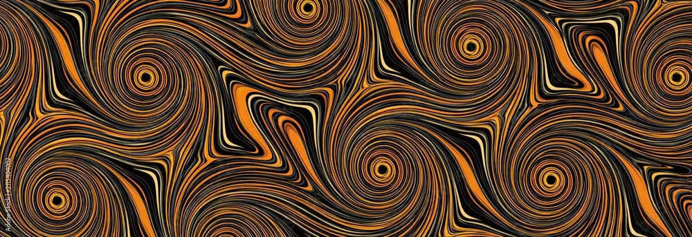 Fototapeta premium Abstract seamless pattern with flowing orange, black lines. Artistic digital background creates hypnotic swirls. Luxurious ornament features organic shapes. Elegant textile design wallpaper print for