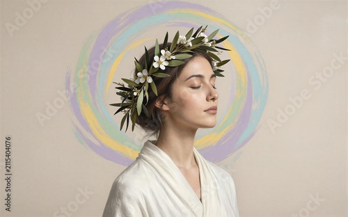 Serene woman in white robe  crowned with green leaves and flowers.