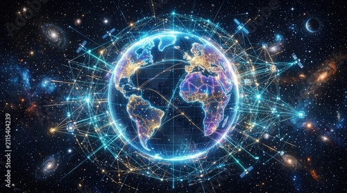 A vibrant digital Earth, glowing with intricate global networks and data streams, seamlessly illustrating advanced communication, a beacon of progress across vast cosmos