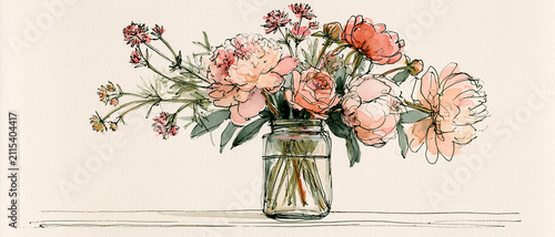 A vibrant bouquet of pink and peach flowers in a glass jar, set against a soft, neutral background, ideal for floral decor and design projects.