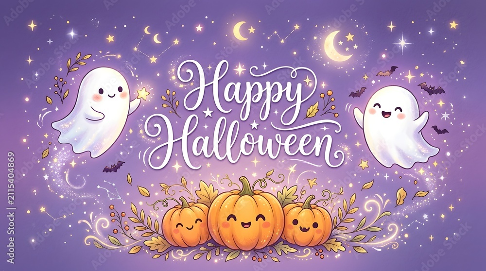 Obraz premium Happy halloween greeting card design with cute ghosts and pumpkins