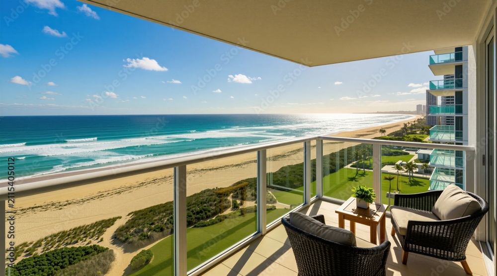 Obraz premium Modern luxury apartment balcony overlooks beautiful beach landscape. Terrace features comfortable wicker chairs with table under bright sunlight. Scenic ocean view displays turquoise water waves sand