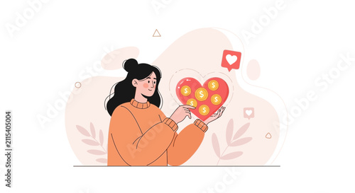 Woman Holding Heart Filled with Money Coins, Symbolizing Charity, Generosity, and Financial Support
