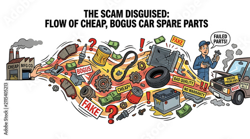 Illustration of fake car parts flowing from factory to mechanic.