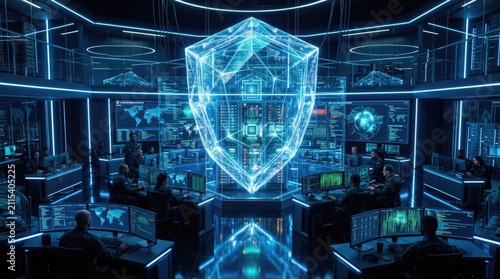 Futuristic Cyber Security Command Center with Holographic Blue Shield Symbol Representing Digital Data Protection and Global Network Security Monitor