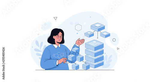 Woman interacting with futuristic data server and cloud network, representing technology and data management
