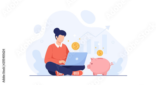 Woman saving money online using laptop and piggy bank, with financial growth chart in background.