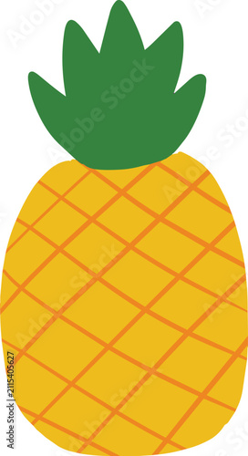 A simple, stylized illustration of a yellow pineapple with green leaves on a white background.