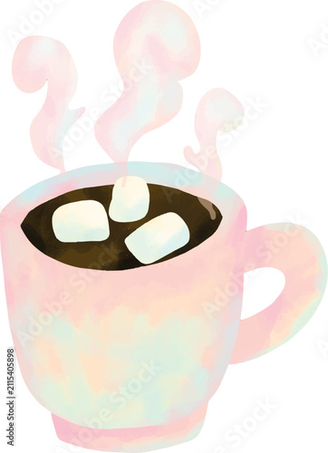 A soft watercolor illustration of a steaming mug of hot chocolate with three white marshmallows floating on top, evoking warmth and comfort.