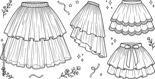Quadro su tela Tiered ruffle skirt vector illustration set featuring pleated tulle tutus layere