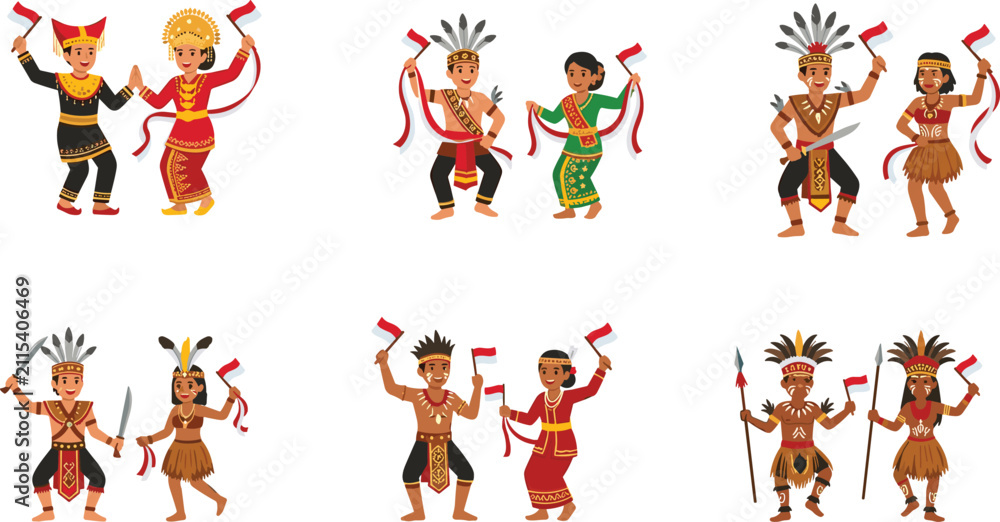 Naklejka premium Indonesian Traditional Dancers Vector Set Celebrating Independence Day with Flags and Ethnic Costumes
