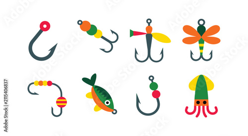 Konstfotografi Fishing Lure icon set, fishhook bait and angling tackle symbols, clean vector il