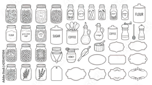 Bild auf Leinwand Hand drawn kitchen pantry jars and spice containers vector set, rustic line art