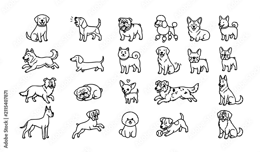 Fototapeta premium Dogs Icon Set Playful Line Style Collection for Canine Lovers – Cute Puppy Outline Vector Illustrations