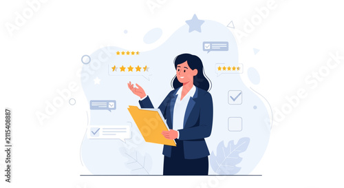 Businesswoman with Clipboard and Star Ratings - Customer Feedback Concept