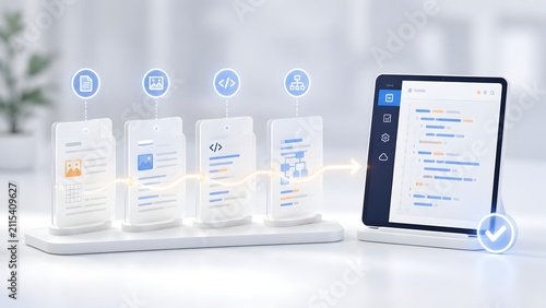 Digital transformation and automated data processing concept with glowing files connecting to a tablet displaying programming code.