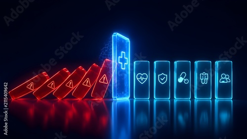 Glowing blue digital shield stopping falling red dominoes representing healthcare risk management and medical data security.