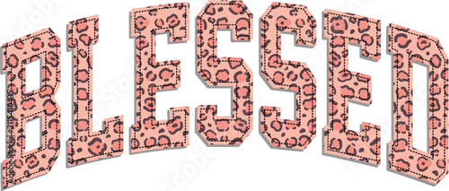 BLESSED in bold varsity-style block letters with a soft blush pink leopard print pattern.