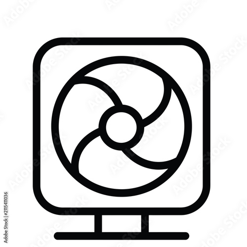 A black and white outline illustration of a square fan with four blades visible inside a rounded square casing, set against a white background