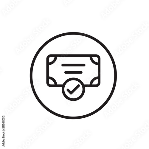 Certificate Checkmark Icon - Black and White Line Art Approved Document and Certification Sign