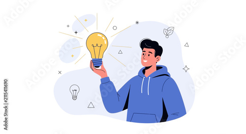 Man holding a bright light bulb, symbolizing innovation, new ideas, creativity, and inspiration in a modern flat illustration style.