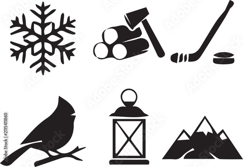 Foto Winter Scene Silhouettes Snowflake Axe Hockey Stick Bird Lantern Mountains