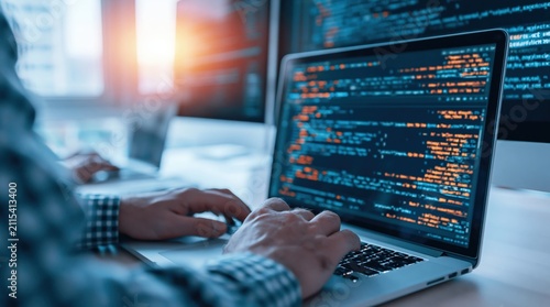 Programmer working on laptop with colorful coding software for web development