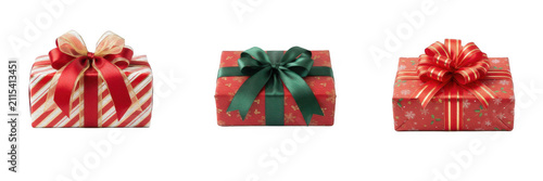 Obraz na płótnie Festive Christmas Gift Boxes Wrapped in Holiday Wrapping Paper with Ribbons and
