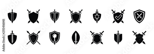 Set of knight shield and sword silhouette icons with heraldry silhouette medieval protection historical