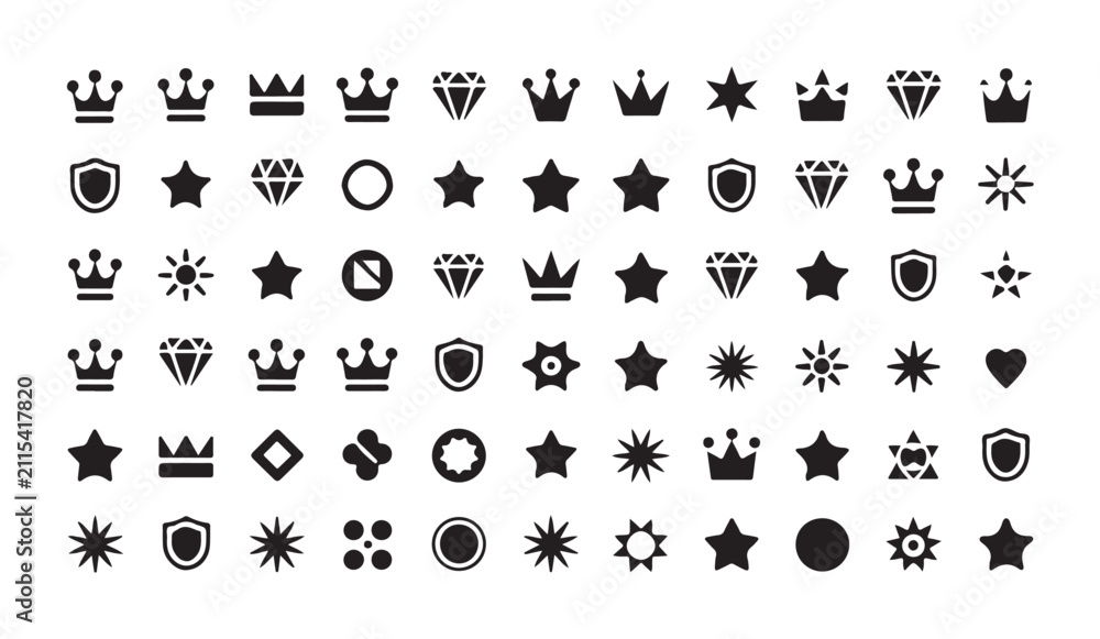 Fototapeta premium Crowns diamonds stars shields and geometric icons isolated on white background.