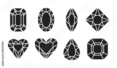 Fotografie Various gemstone cuts and precious stones shapes set in flat black vector style for jewelry design projects